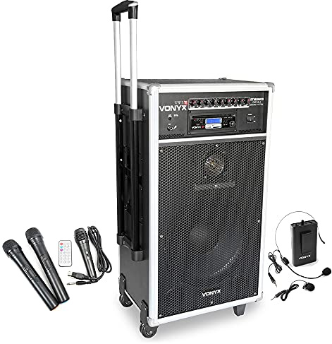 Vonyx ST180 Portable PA System 450W Bluetooth Speaker with Wireless Handheld, Headset & Lavalier Microphones, CD MP3 Player and Battery-Powered Operation