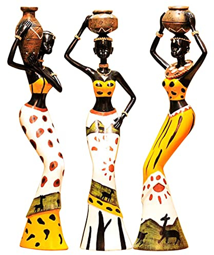 Juanxian 3 Piece Set African Women Figure Art Statues Girls Tribal Lady Figurine Statue Decor Collectible Art Piece Vintage Gift Craft Doll Stand W4545-3Pcs Yellow