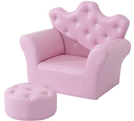 HOMCOM Set Poltrona per Bambini con Poggiapiedi e Bottoni Brillanti, Struttura in Legno con Imbottitura, Rivestimento PVC Rosa