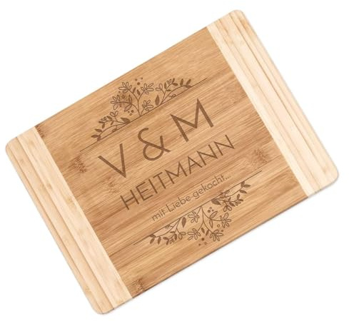 Maverton Bambus Holzbrett mit Gravur - Schneidebrett - Küchenbrett - Größe: 35x25 cm - groß und massiv - für Paare - zum Hochzeitstag - zur Hochzeit - zu Weihnachten - Initialen