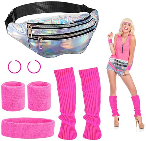 80er Jahre Kleidung Damen Set, Silberne Laser-Bauchtasche 80er Outfit Sportlicher Stil Rosa Beinwärmer Armbänder Stirnband Ohrringe Retro Neonrosa Kostüm Accessoires für Party Fasching Karneval