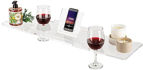 Rebecca Luxurious Bath 34 Supreme Plus- Luxury Bathtub Tray Caddy- 3/8 Thick, Clear Bath Tub Tray Table for 1 or 2 Bathers, Acrylic Bathtub Caddy, iPad and 2 Wine Glass Holders (Supreme Plus, 34)