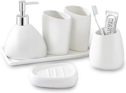 BLBYHO Badezimmer-Zubehör-Set aus Keramik mit Keramik-Tablett, 6-teiliges Badezimmer-Zubehör-Set, inklusive Seifenspender, Zahnbürstenhalter, 2 Becher, Seifenschale, Schminktisch, Weiß