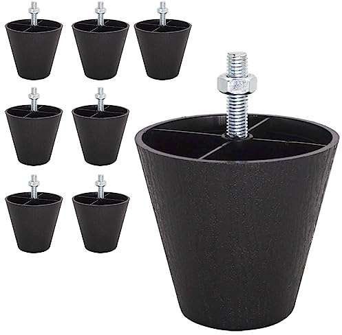 SKIR'CO 8 Black Plastic Tapered Furniture Legs, Height 70 mm, M8 Thread, Nuts Included