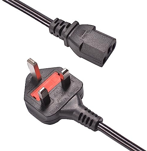 QK UK Kettle Lead 1.8M Power Cable 0.5M, 1M, 3M, 5M 3-Pin Mains 90 Degree Power Lead for TV, PC, Plug, Printer, Power Cord, Monitor Displays and output devices
