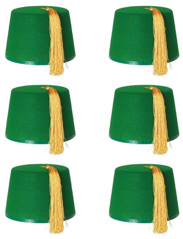 Fez Hut grün Kostümzubehör Kappe grün mit goldener Quaste, Unisex, Filzhut für Herren und Damen, 6 Stück