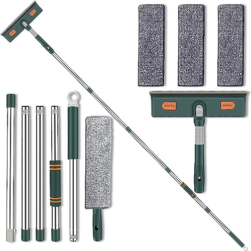 2 in 1 Lavavetri Telescopico Kit, 210 cm Lavavetri Professionale per Vetro, Spatole Lavavetri Kit, Barra di Pulizia Telescopica & Testa Pieghevole, Per La Pulizia Vetri Alti, Automobili e Case