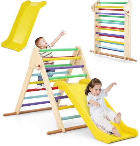 COSTWAY Triangle d'escalade Montessori Enfant avec Toboggan, Échelle d’Escalade Pliable en Bois avec Structure Stable, Charge 50KG, Aire de Jeux d’Escalade Intérieur pour Grimper pour Bébé 1 an+