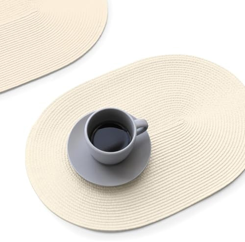 FunWheat Ovale geflochtene Platzsets, Set mit 6 Tischsets für Esstische, waschbar, hitzebeständig, Platzsets für drinnen und draußen, 30,5 x 45,7 cm (ovales Beige, 6 Stück)