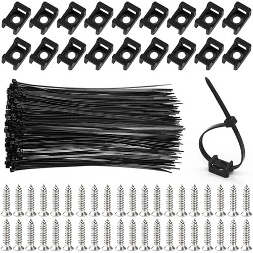 EUMAYES 100 Pièces Fixations de Serre-Câbles Base de Montage avec 100 Pièces Attaches de Câble Noir et Vis pour Fixation Cable Electrique
