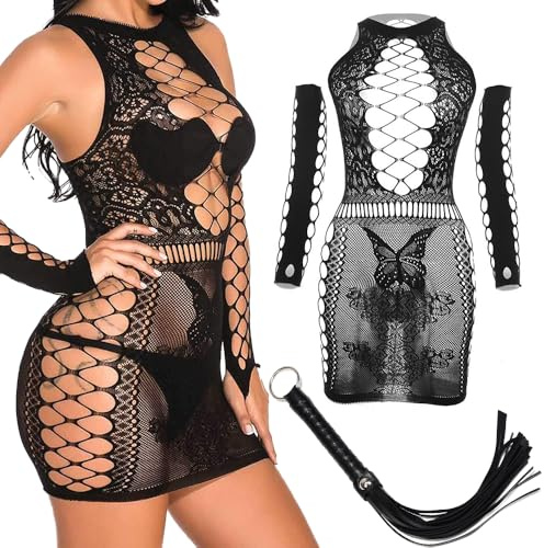 OZXVXZO Damen Dessous Sets, Damen Sexy Mesh Dessous Set Rock Kleid Set mit Peitscht Sexy Perspektiv Erotische Dessous Lingerie Erotik Reizwäsche Unterwäsche Dessous Set