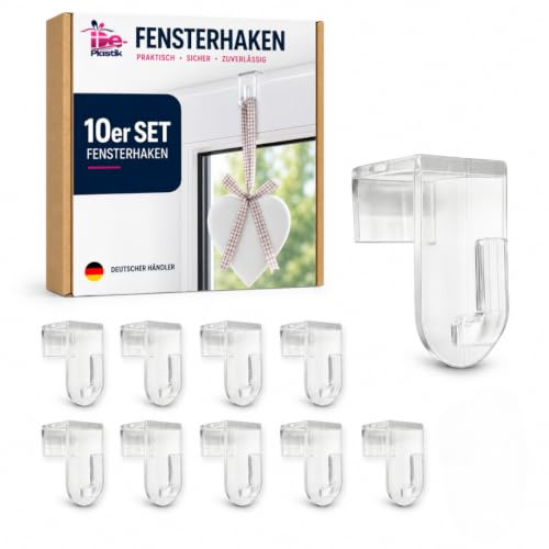 De-Plastik Fensterhaken | Dekohaken - Aufhänger | Transparent | 10er-Set | Für Fenster bis maximal 17 mm Falzmaß geeignet | Optimal für Ihre Fensterdeko | 35 x 20 mm