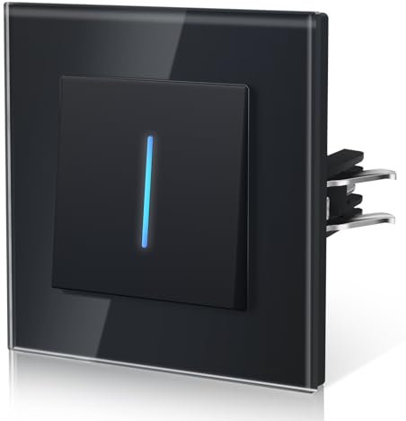 BSEED Lichtschalter aus Glas,Unterputz Schalter mit Krallen, Wechselschalter mit Hintergrundlicht, Einfach Montage, NEU E-Serie,1 Fach 1 Weg,86mm Schwarz