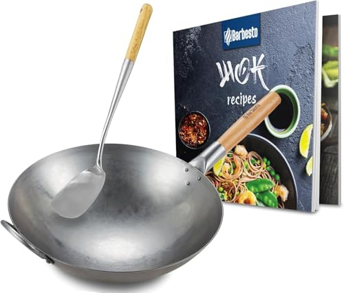 Set wok de acero al carbono I Base plana o redonda para gas, inducción y grill I Sartén wok con mango de madera, recetario y pala wok (fondo redondo)