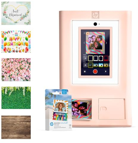 HP Sprocket Photo Booth Machine Instant Color Photo Printer (Pink) + Zink Paper (100 Sheets) + Photo Backdrops (5)