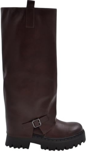 Stivali Donna al Ginocchio Shark Risvolto Pelle Marrone Fibbia Fondo Combat zigrinato 5 cm con Zip a Tutta Lunghezza (39 EU)