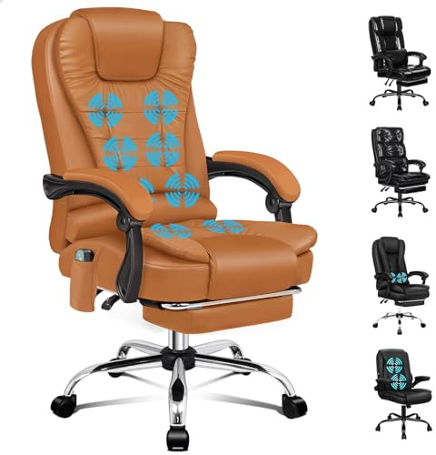 ALFORDSON Chefsessel Bürostuhl Massage Wärmefunktion, Ergonomisch Schreibtischstuhl Neigungswinkel 90°-150°, Drehstuhl Einziehbare Fußstütze,Besprechungsstuhl höhenverstellbarer, PU-Leder Braun