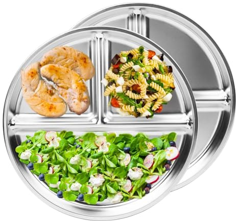 Steowsey Platos de acero inoxidable para niños, 2 paquetes, placa de control de porciones de 9 pulgadas, platos divididos para adultos, bariátricos, pérdida de peso y diabéticos