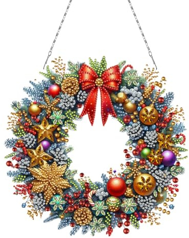 FUFRE Diamond Painting Weihnachten Deko Kranz DIY Set, Diamant Painting Weihnachtsdeko Anhänger mit Kette, Diamond Malerei Hängende, Diamant Malerei Ornament für Fenster Wand Geschenk (A)