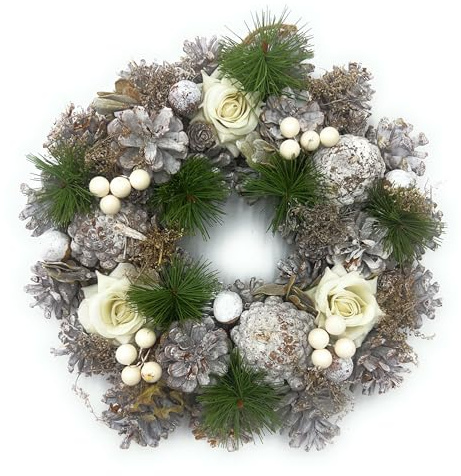 Tisch- oder Türkranz rund ø 30 cm - Kranz aus Kunst- und Naturmaterialien, mit Zapfen und Rosen - Herbst - Winter als Willkommensgruß (Art.384)