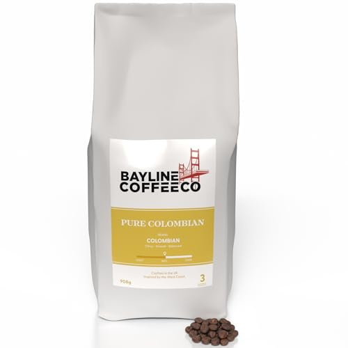 Medium Roast Pure Colombian Coffee Beans 908g - Bayline Coffee Co Colombia- US West Coast Bay Style For Cafetiere Filter Bean To Cup V60 & Espresso Machines - Strength 3
