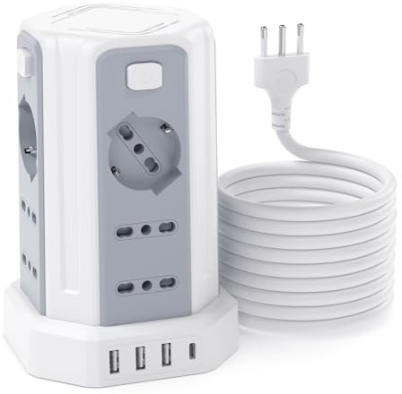 12 Universali ITA e Schuko Ciabatta Elettrica Multipresa 5 M 4 indipendenti | 12 Prese Universali 10/16A ITA e Schuko, 3 USB A+1 USB C, Protezione Sovratensione, 4 Interruttori Indipendenti