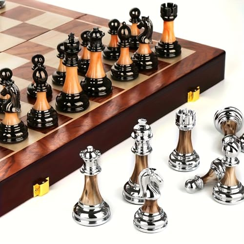Dekoratives Staunton Schachspiel mit silberfarbenem und schwarzem eloxiertem Metall-Finish, ABS-Harz, dreifach gewichtetes Schachspiel mit Mahagoni-Holzbrett, 45 x 45 cm