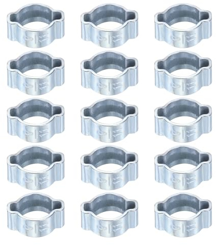 sourcing map 15pcs Double Ear Hose Clamp 9-11 mm Galvanized Steel Hose Clamp Double Ear O Clips Crimp Rings for Fuel Line Pipe Tube Fitting Connections, Silver