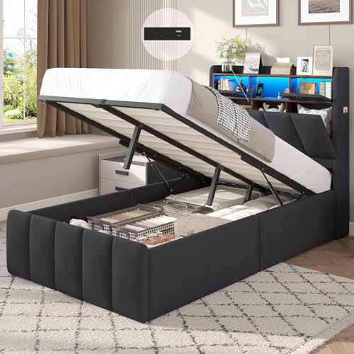 DICTAC 3ft Single Ottoman Storage Bed with LED Lights, USB Charging & Wooden Slats – 90x190 cm Hydraulic Lift Up Bed Frame with Storage Headboard – Upholstered Single Storage Bed for Small Bedrooms