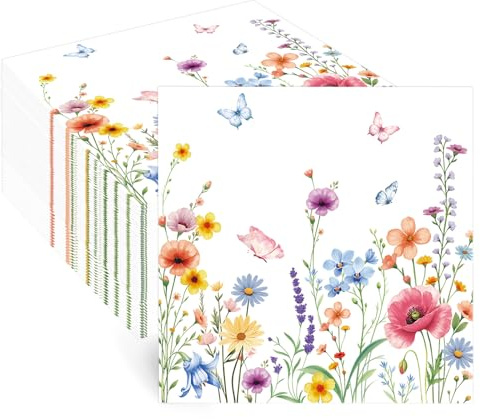 LOMIMOS Servietten Geburtstag，50pcs Papierservietten mit Blumen Einwegservietten Wildblumen für Tischdeko Hochzeitsfeier Jubiläums Taufe Kommunion