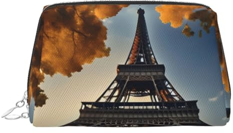 Beautiful Eiffel Tower Paris Print Leather Cosmetic Pouch, Leather Makeup Bag for Purse with Top Zip Closure Stylish Toiletry Bag