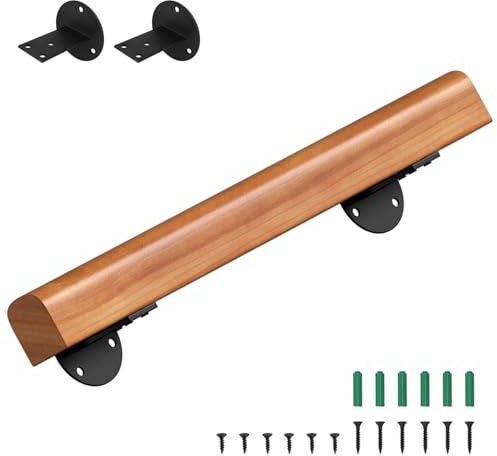 Peviasot Pasamanos de madera, 60 cm, barandilla de madera de pino, pasamanos de pared, escalera antideslizante, barandilla para escaleras con soportes de pared, material de montaje, nogal claro