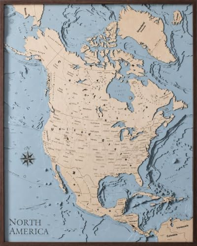 GECKOART.IT Mappa dell'America del Nord 3D in Legno, Quadro da Parete Topografico, 67x83 cm, Artigianato 100% Italiano