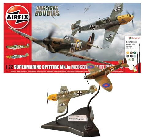 Airfix Dogflight Doubles: Supermarine Spitfire Mk1a & Messerschmitt Bf109E-4 Model Aircraft Gift Set, 1:72 Scale Plastic Model Aircraft/Plane Kits, Includes: Humbrol Paints, Brushes & Poly Cement