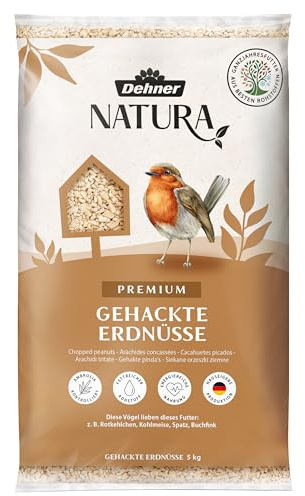 Dehner Natura Premium foder för vilda fåglar, hackade jordnötter skalfri, året-runt-mat rik på protein/energirik, högkvalitativt fågelfoder för vilda fåglar, 5 kg