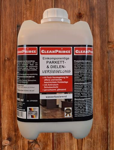 5 Liter einkomponentige Parkett- und Dielen Versiegelung | Parkett Versiegelung Siegel Parkettversiegelung Glanz glänzend Holzoberflächen mit Anti-Rutsch-Schutzschicht, geruchsarm, wasserbasierend