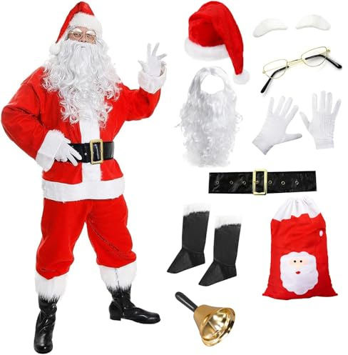I LOVE FANCY DRESS Mens Deluxe Santa Suit - 12 Piece Father Christmas Costume including: Santa Claus Hat, Jacket, Trousers, Eyebrows, Glasses, Gloves, Boot Covers, Belt, Bell and Sack (Large)