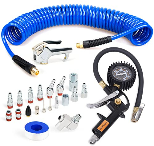 FYPower 22 Pieces Air Compressor Accessories kit, 1/4 inch x 25 ft Recoil Poly Air Compressor Hose Kit, 1/4 NPT Quick Connect Air Fittings, Tire Inflator Gauge, Blow Gun, Swivel Plugs