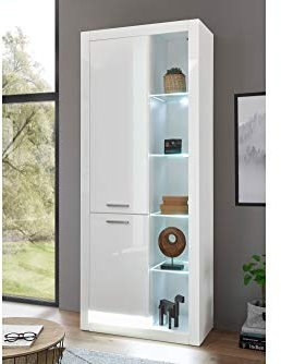 Stauraumelement Mats I weiß Tiefzieh Hochglanz 80x195x37cm Tür rechts Vitrine Highboard Kommode Wohnzimmerschrank Regal Schrank Stauraum Farbe mit Beleuchtung