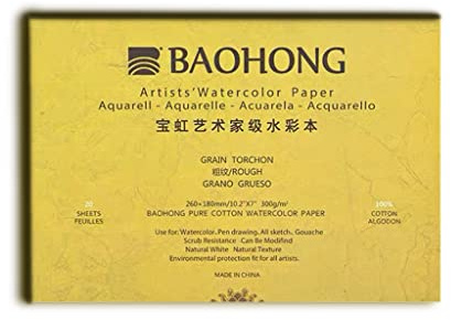 BAOHONG Artists' Watercolor Paper Block (20 Sheets, glued on Four Edges), 100% Cotton, Acid-Free, 140LB/300GSM, Watercolor Art Supplies for Wet, Dry, and Mixed Media Painting (Rough Grain 10.2X7)