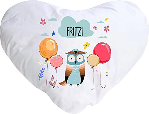 Kleckerliese Baby Kinder Kissen Kissenhülle Tiere Motiv, Eule mit Wunschname Balon Wolken, 40x44 cm Farbe Weiß