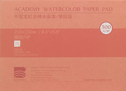 Aquarellpapierblock, BAOHONG Academy Grade Aquarellblock, 100% Baumwolle, säurefrei, 63,5 kg/300 g/m², Heißpress-Oberfläche, 20 Blatt pro Block (Heißpresse, 21,1 x 15 cm)