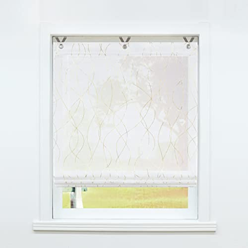 SCHOAL Raffrollo ohne Bohren Raffgardinen mit Ösen Gardinen Küche Ösenrollo Vorhänge Transparent Modern Wellen Muster BxH 120x130cm 1 Stück Muster #2 Gold