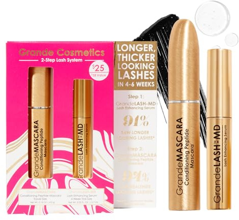 Grande Cosmetics 2-Step Lash System Set, GrandeLASH-MD & GrandeMASCARA Conditioning Peptide Mascara for Fuller, Healthier, Longer-Looking Lashes
