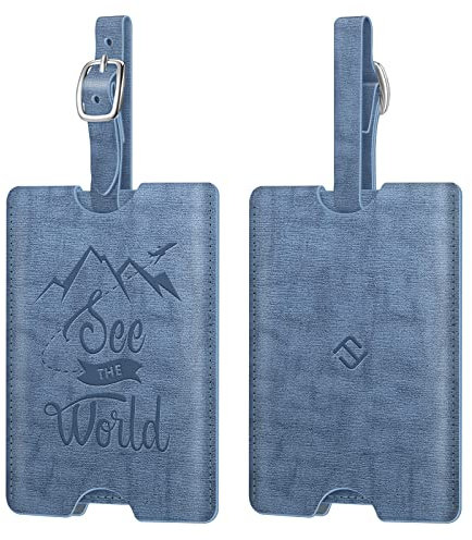 Fintie Kofferanhänger aus Kunstleder, [2 Stück] Gepäckanhänger ID Etikett mit Adressschild Namenschild für Reisetasche Koffer, Vintage Blau