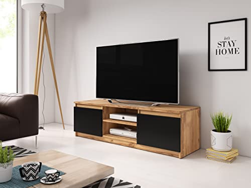 Meuble TV 120 cm Dingo, meuble TV, meuble TV avec pieds, table TV, sans éclairage LED, différentes couleurs (marron) (Wotan/Noir)