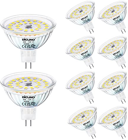 DiCUNO MR16 GU5.3 LED Bulbs, 12V, 6W=70W, Cool White 6000K, 610LM, 10Pcs | GU5.3 Spotlight Bulb, 70W Halogen Equivalent, Non-Dimmmable, 120° Beam Angle, GU5.3 Bi-Pin Base Track Light