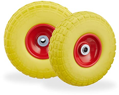 8x Ruote per Carrello, Pneumatici in Gomma Antipanne, 4.1/3.5-4, Asse 16mm, fino a 150 kg, 260x85mm, Giallo Rosso | 4,1/3,5-4, asse da 16 mm, fino a 150 kg, 260x85 mm