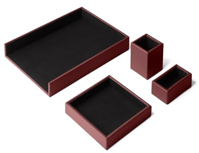 Eglooh - Atena - Schreibtisch Set Echtes Leder Bordeaux Rot - Schreibtisch Zubehör mit 4 Stücken: Taschenleerer, Stiftehalter, Ablagefächer, Visitenkartenhalter - Made in Italy