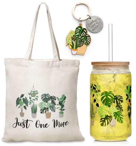 Nefelibata Plant Lover Gifts for Women, Plant Lady Tote Bag 16oz Just One More Iced Coffee Cup with Straw Lid Keychain Set , Christmas Birthday Gardening Gifts for Lady Mom